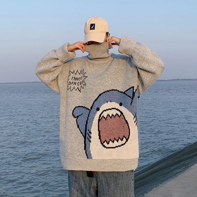 ZAZOMDE Moških Turtlenecks Shark Pulover Moških 2020 Pozimi Patchwor Harajuku korejskem Slogu Visoko Vratu Prevelik Siva Turtleneck Za Moške