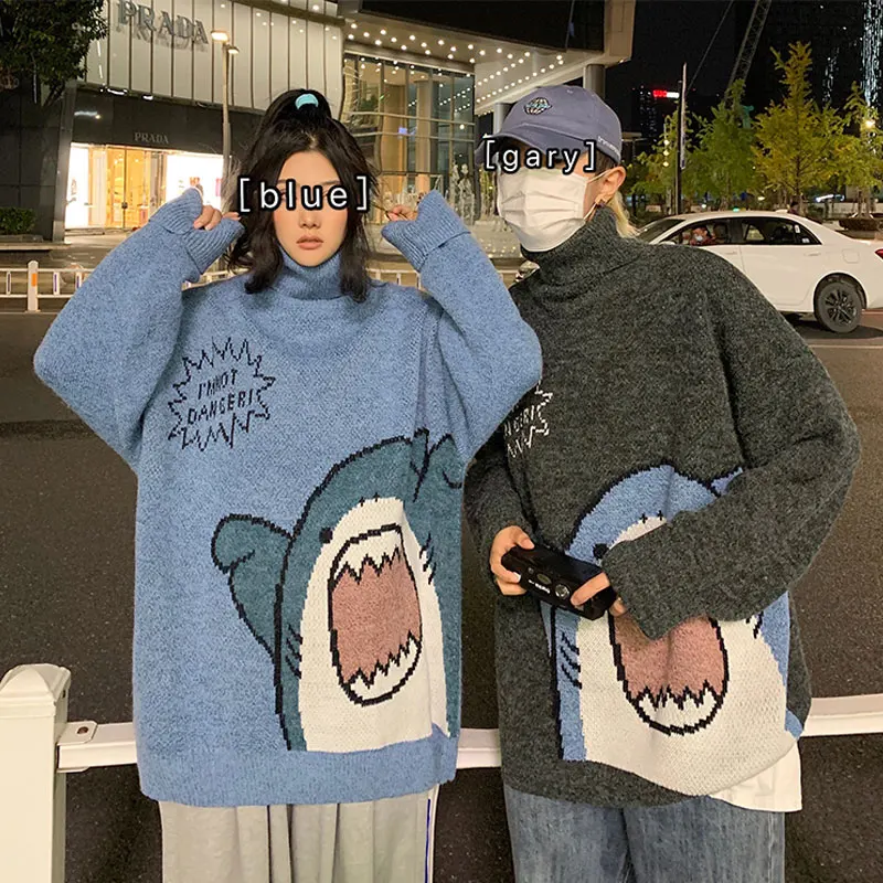 ZAZOMDE Moških Turtlenecks Shark Pulover Moških 2020 Pozimi Patchwor Harajuku korejskem Slogu Visoko Vratu Prevelik Siva Turtleneck Za Moške