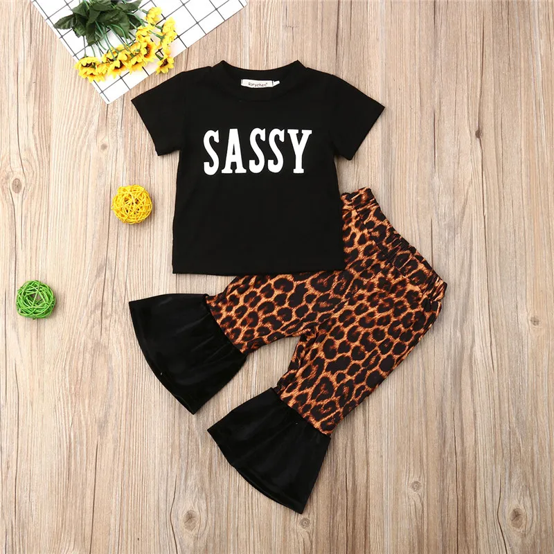 0-2Y Sladko Novorojenčka Otroci Baby Dekle Oblačila, ki Sassy T-Shirt Vrhovi Leopard Trak Dolge Hlače, Obleke, Modni Poletje Otroška Oblačila