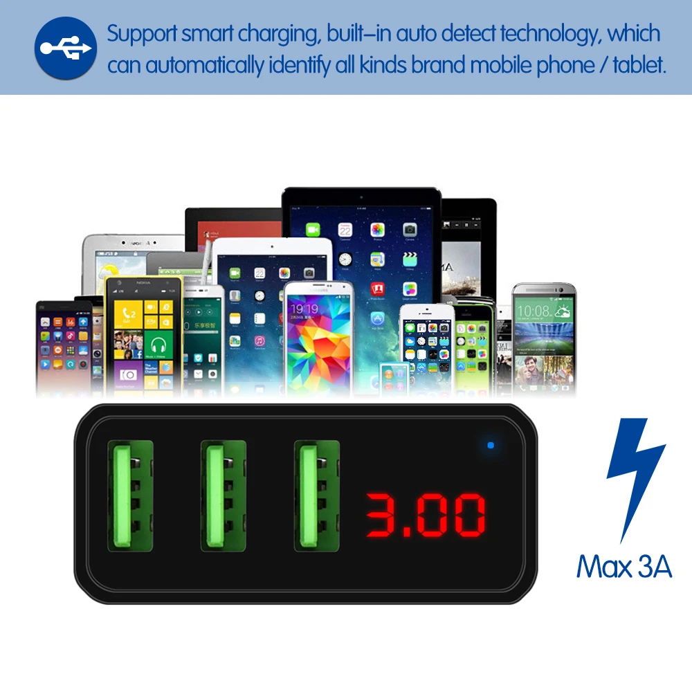5V 3A Mobilni Telefon, Polnilnik baterij 3 USB Polnilnik Potovalni Adapter Prikaz Polnjenja Napetost tok za iphone za Samsung