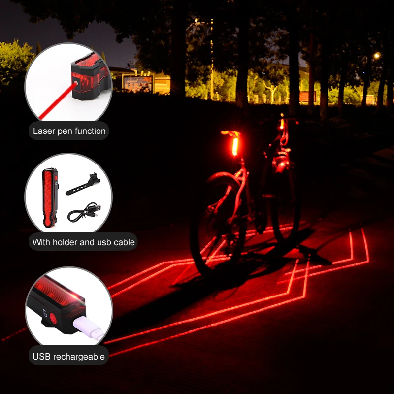Multi-funkcijski Kolo Rdeče Laserske Luč USB Polnilne Sedež Nazaj Varnost opozorilna Lučka LED Kolesarjenje Zadaj Lučka