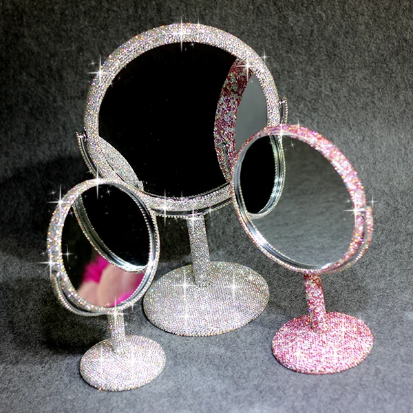 Namizna dekorativna vrtenje ogledalo polno kristali Dvojno stranicami ravno ogledalo 3-krat lupo Namizje Ogledalo za dom Poročno darilo