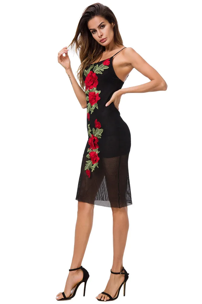 Lanbaiyijia Appliques Velike Rdeče Rože obleka Ženske obleke Slim paket hip Poletje Trak Obleke Seksi Mrežasto Obleko velikosti S, M, L