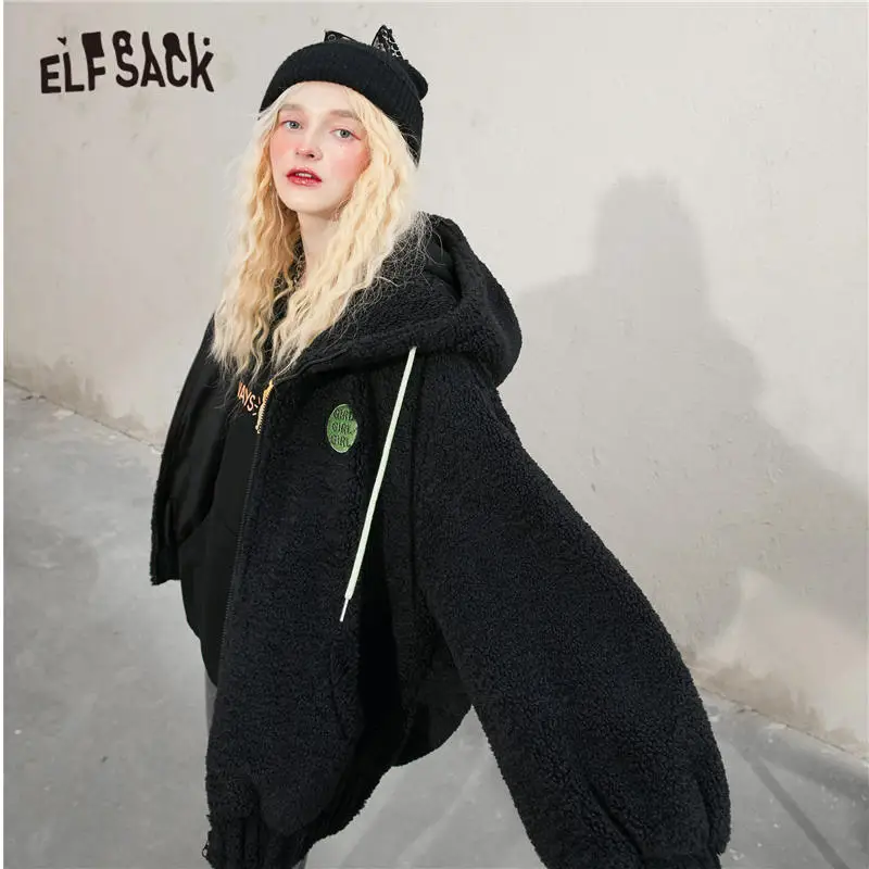 ELFSACK Grafika, Tiskanje Zadrgo Priložnostne Oversize Hooded Volne Teddy Coats Žensk,do leta 2020 Jeseni Letnik korejske Ženske Specializiranimi za umetno Krzno Outwear