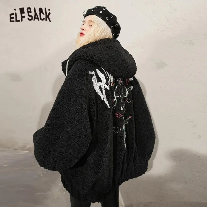 ELFSACK Grafika, Tiskanje Zadrgo Priložnostne Oversize Hooded Volne Teddy Coats Žensk,do leta 2020 Jeseni Letnik korejske Ženske Specializiranimi za umetno Krzno Outwear