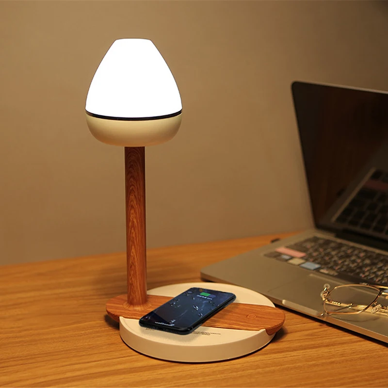 LED Desk Svetilke,namizne Svetilke z Brezžični Polnilnik,USB Polnjenje prek kabla USB Port,3 Dimmer Ravni,Lesa Zrn Večnamenske Namizne Luči