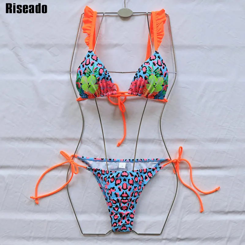 Riseado Seksi Bikini 2021 Novo Leopard Kopalke Ženske Kopalke Ruffle Plažo Tie-pas kopalke Brazilski Bikini Poletje