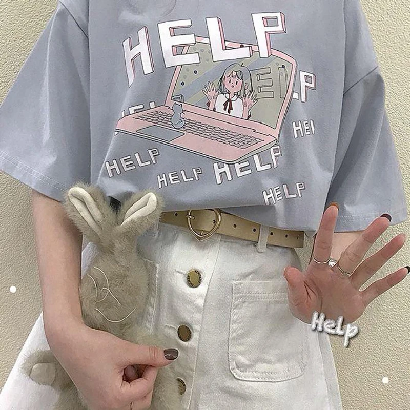 Nov Poletni T-shirt Ženska preppy stil Priložnostne Tees svoboden Kawaii Harajuku T-majice, smešne tiskanje kratek sleeve zgornji del ženske t-shirt