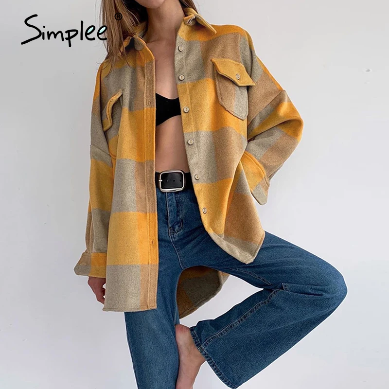 Simplee Ulične svoboden kariran majica, jakna ženske Priložnostne jeseni ženske plašč ženski majica Gumbi žepi tweed kratek coats 2020