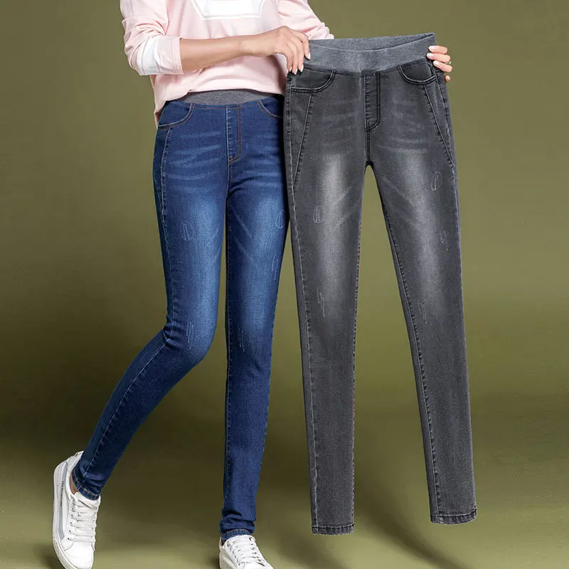 Ženske Preprosto trdno Elastična visoko pasu Skinny Jeans plus velikost 38 moda za Ženske črna modra Slim mama Raztezni Traper Jeans Hlače