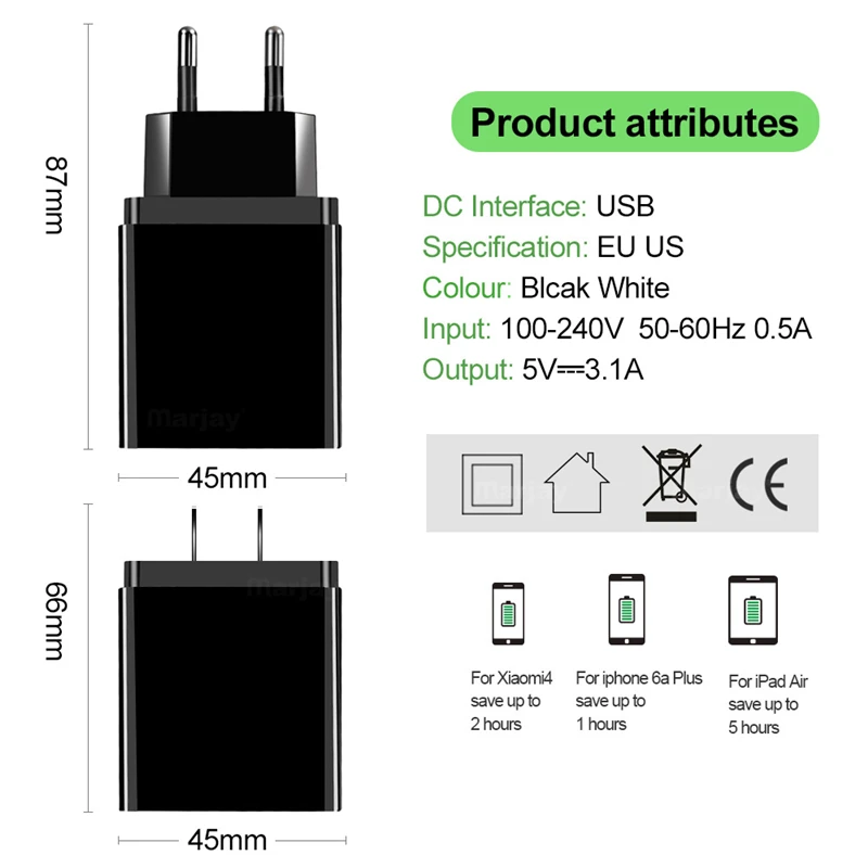 5 3.1 Hitro Polnjenje 3 USB Hitro Polnjenje Prenosnih Potovalni Polnilnik za iPhone, Samsung Xiaomi Stenski Adapter z Digitalnim prikazom