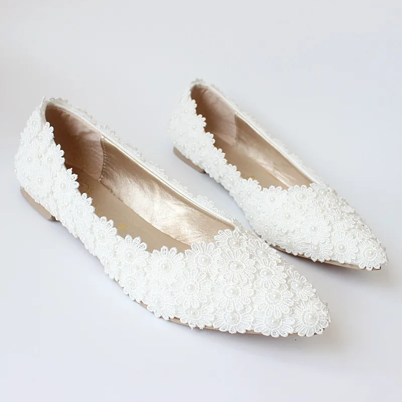 Ženske čevlje čipke Aplicirano zgornji beli Konicami prstov priložnostne nizkih petah princesa čevlji poročni čevlji modi shoegi