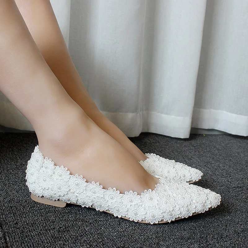 Ženske čevlje čipke Aplicirano zgornji beli Konicami prstov priložnostne nizkih petah princesa čevlji poročni čevlji modi shoegi