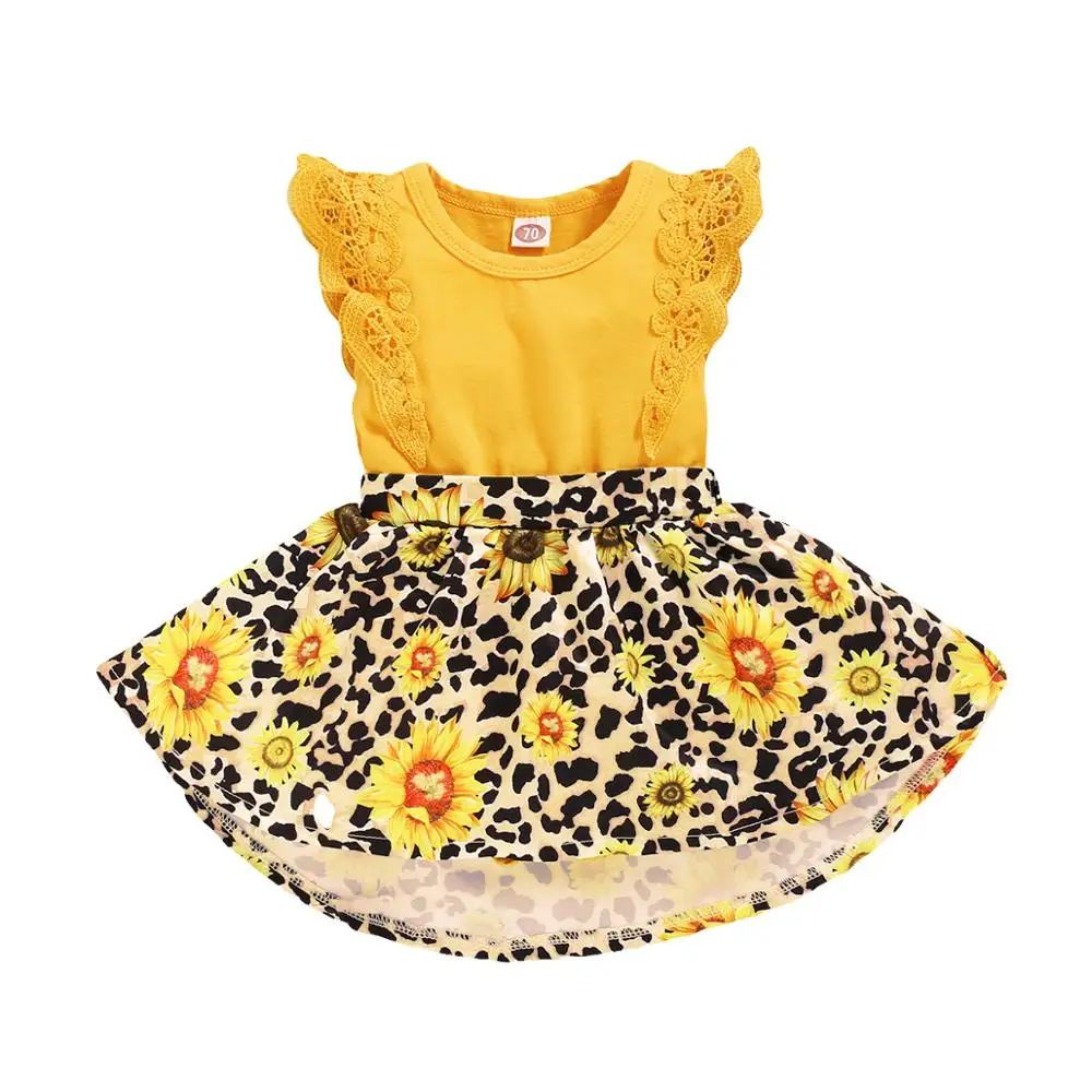 Baby Girl Obleke Precej Sončnično Stranka Obleko Rumena Brez Rokavov Čipke Leopard Natisnjeni Poletnih Oblačil, Otroške Počitnice Obleke