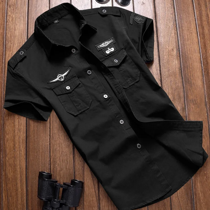 Vojaška Srajca Moške Srajce Casual Stil Modni Obleko Bombaža, Kratek Rokav Retro Vintage 6XL Vezenje Black Padec Ladijskega prometa