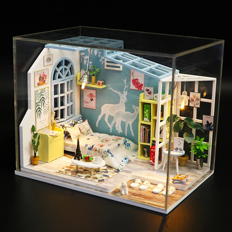 DIY Miniaturni Lutke Komplet 3D Lesene Hiše Model Stavbe Roombox Novo Leto Darilo za Rojstni dan Igrače Za Otroke Lutka Hiša Pohištvo