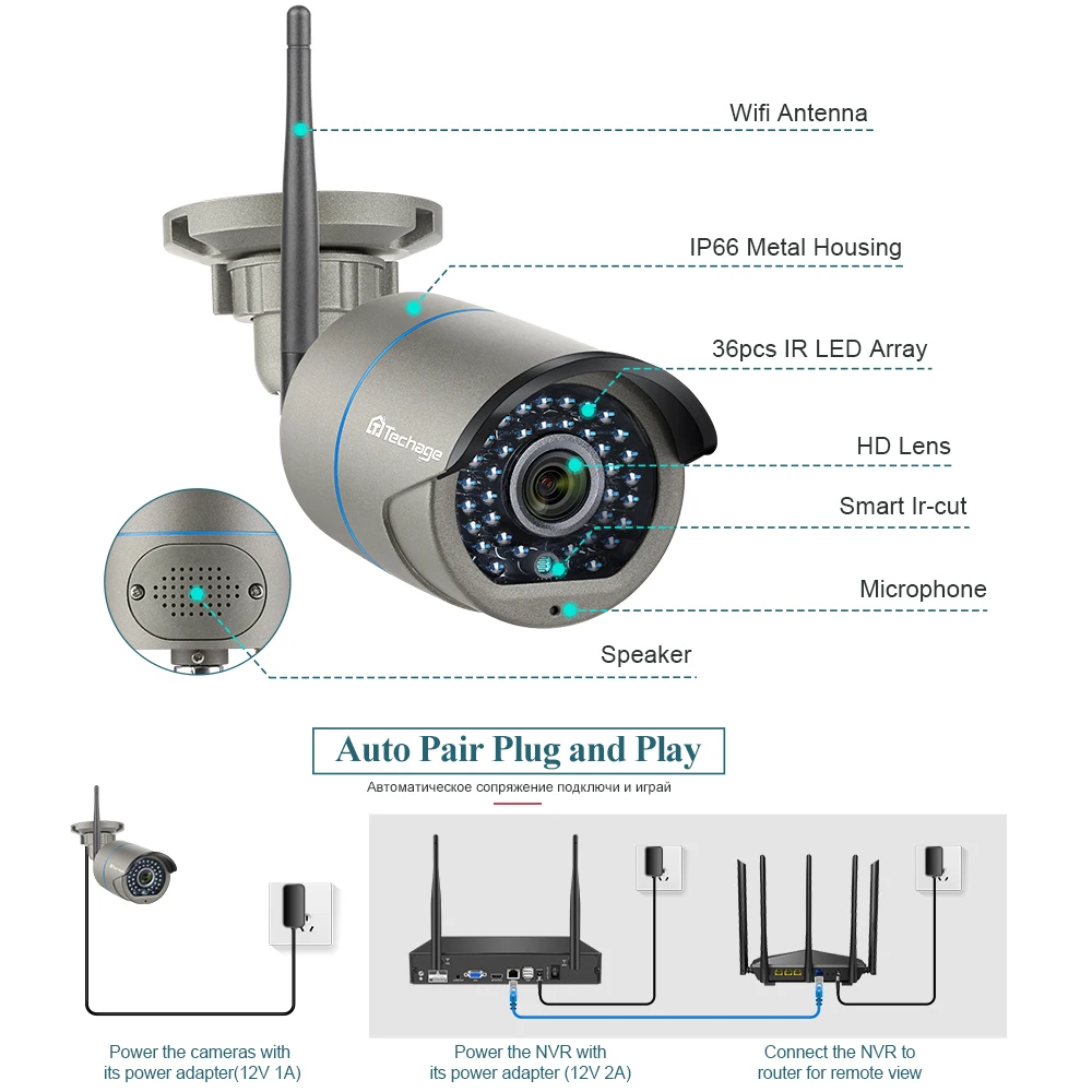 Techage 3MP 8CH Brezžični NVR Kit H. 265 CCTV Video nadzorni Sistem WiFi IP Kamera Nastavi dvosmerni Avdio Nadzor Fotoaparata Nastavite