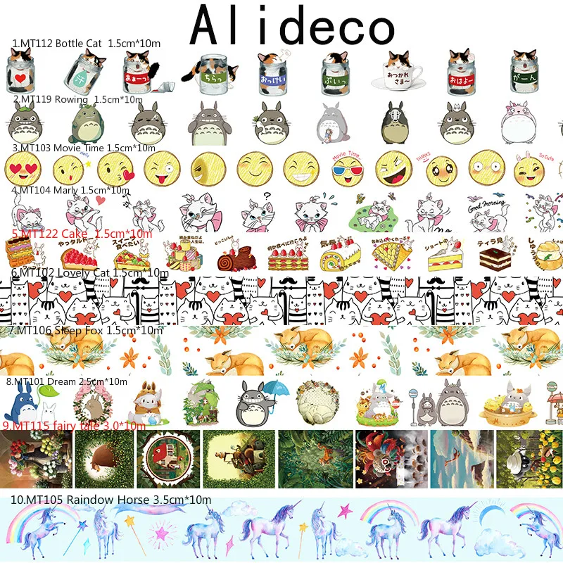 Alideco 10 kos Washi Maskiranje Trakovi Živali Mačka Torto Dekorativni Lepilni Scrapbooking DIY Papir Japonski Nalepke Velikosti 1,5 cm*10m