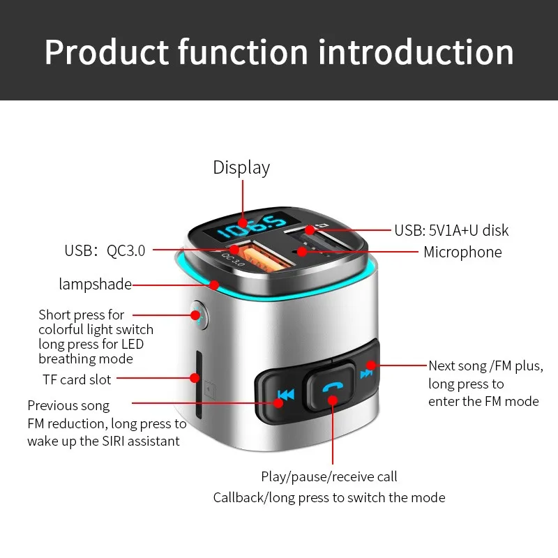 Bluetooth Avto Oddajnik FM Polnilnik AUX Bluetooth Spreminjevalec 4.2 Avto Radio vmesnik USB TF MP3 Predvajalnik