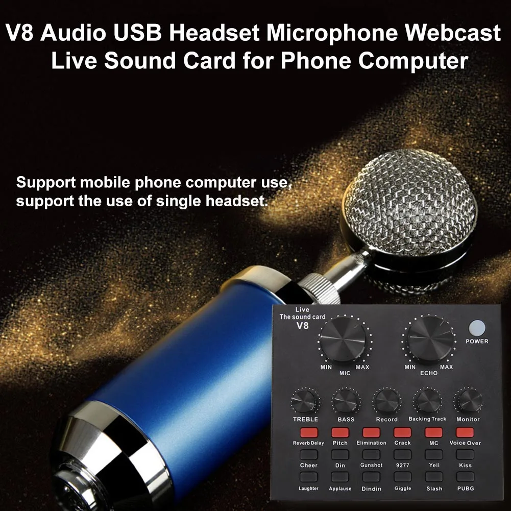 V8 Zvok Zunanji USB Slušalke Mikrofon Živo Zvočno Kartico za Mobilni Telefon, Računalnik PC Električni Instrument Dodatki