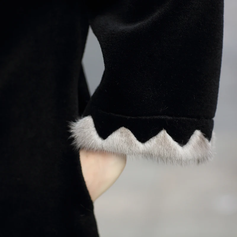 Naravni Mink Krzno Ovratnik Ženske Shearling Suknjič Moda 2020 Volne Vrhnja Oblačila Dolgi Suknji Debel Toplo Black Ovčje Kože Plašč Okd696