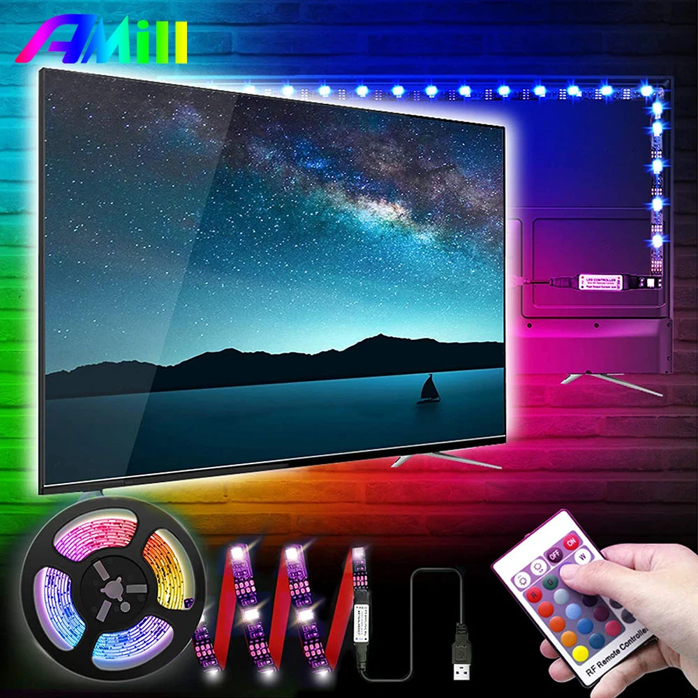 AMill 2M 5M TV Ozadja 5050 RGB USB Powered LED Trakovi Luči Za 24 Inch-68-Palčni TV Ogledalo PC Soba Dekor Z Daljinskim upravljalnikom