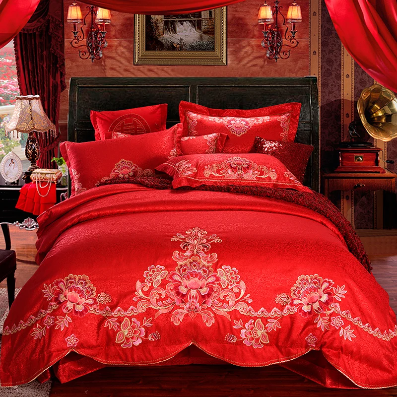 Kitajski Slog Luksuzni Poroko Posteljnina nabor Madeže Jacquardske Dvojno Kralj Kraljica Velikosti Rdeče Barve Bedclothes Rjuhe kritje Bedsheet Set