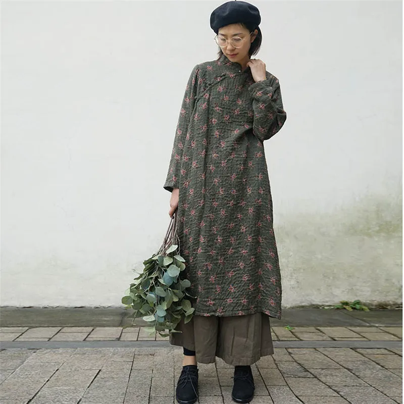 Johnature 2020 Pomladni Vintage Original Cheongsam Cvjetnim Tiskanja Stojijo Ovratnik Ohlapne Obleke Novo Ploščo Sponke Kitajski Ženske Obleke