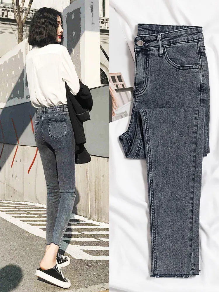 Visoko Elastična Skinny Jeans Ženska Sivo Črna Trdna Elegantna Moda Jean Ženski Korejski Visoko Pasu Denim Svinčnik Hlače Ženska 2021 Nova