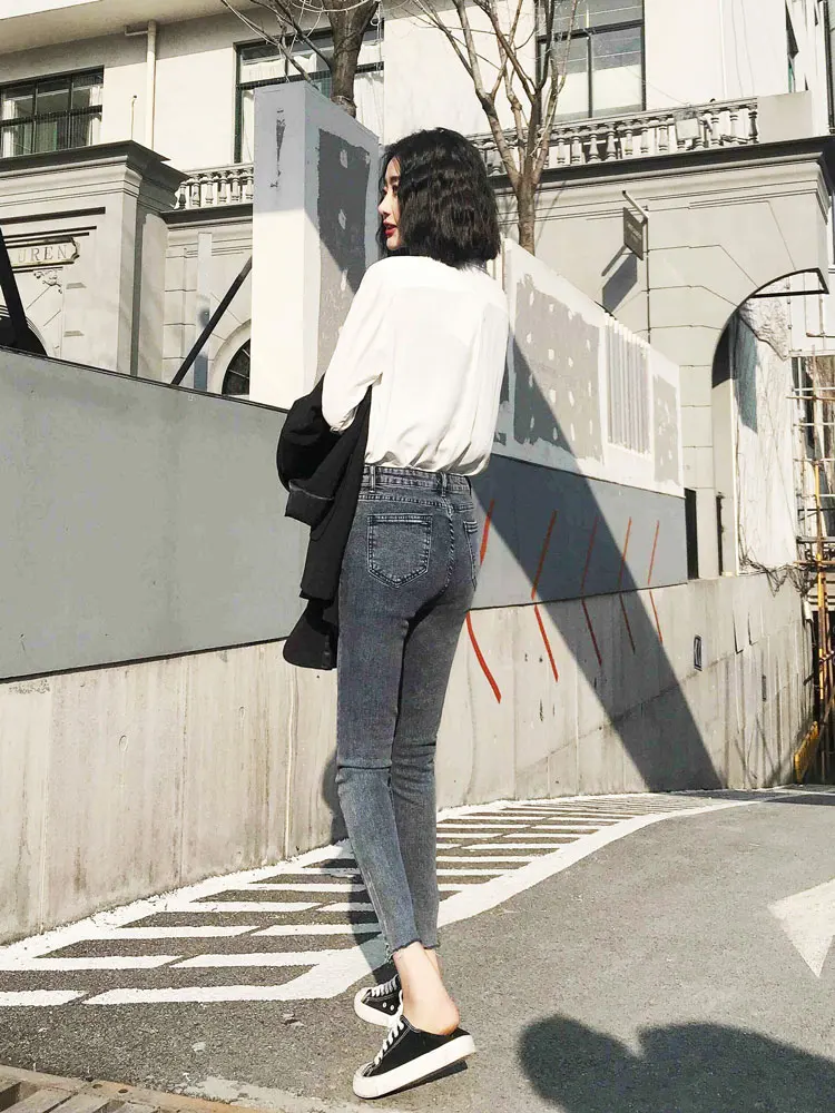 Visoko Elastična Skinny Jeans Ženska Sivo Črna Trdna Elegantna Moda Jean Ženski Korejski Visoko Pasu Denim Svinčnik Hlače Ženska 2021 Nova