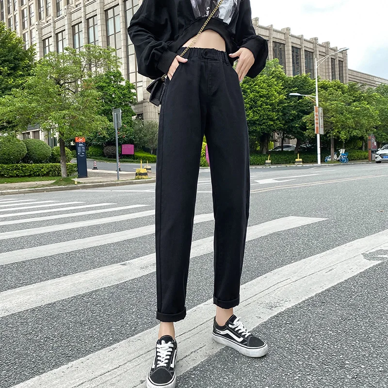 Črna širok noge kavbojke ženske svoboden 2020 nov modni visoko pasu slim harem hlače poleti tanko