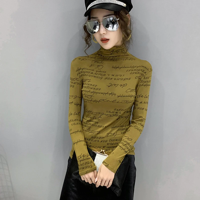 LJSXLS 2020 Jeseni korejski Tee Shirt Femme Pismo Printted Slim Ženska Tshirts Turtleneck Long Sleeve majica s kratkimi rokavi Ženske Harajuku Vrhovi