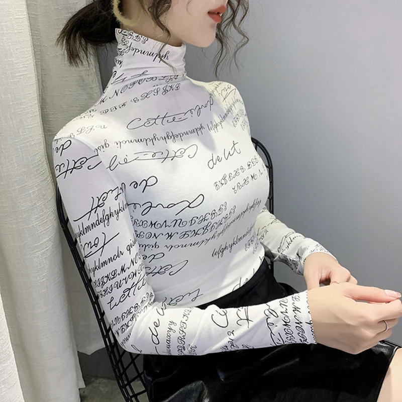 LJSXLS 2020 Jeseni korejski Tee Shirt Femme Pismo Printted Slim Ženska Tshirts Turtleneck Long Sleeve majica s kratkimi rokavi Ženske Harajuku Vrhovi