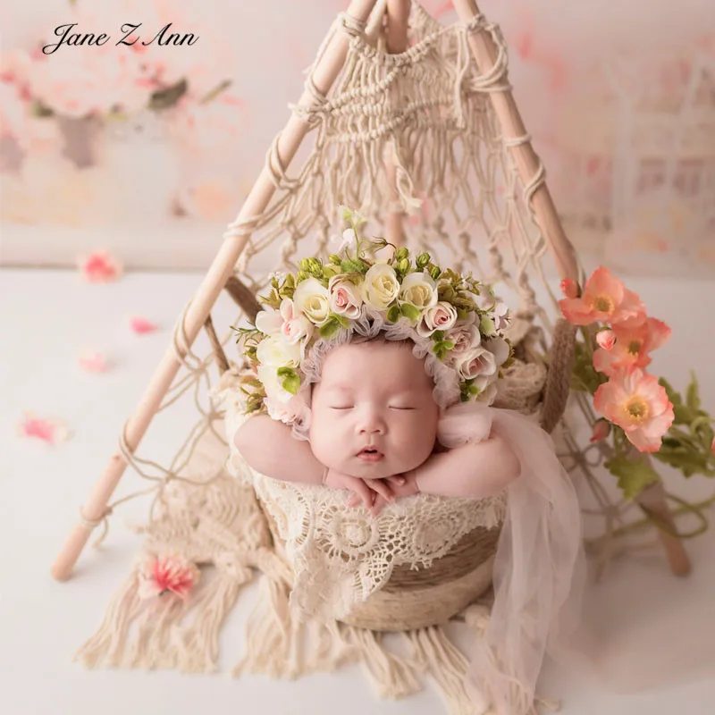 Jane Z Ann Baby šotor temo novorojenčka fotografija rekviziti kakovosti cvet klobuk ročno pletene odejo košarico studio za fotografiranje ideja
