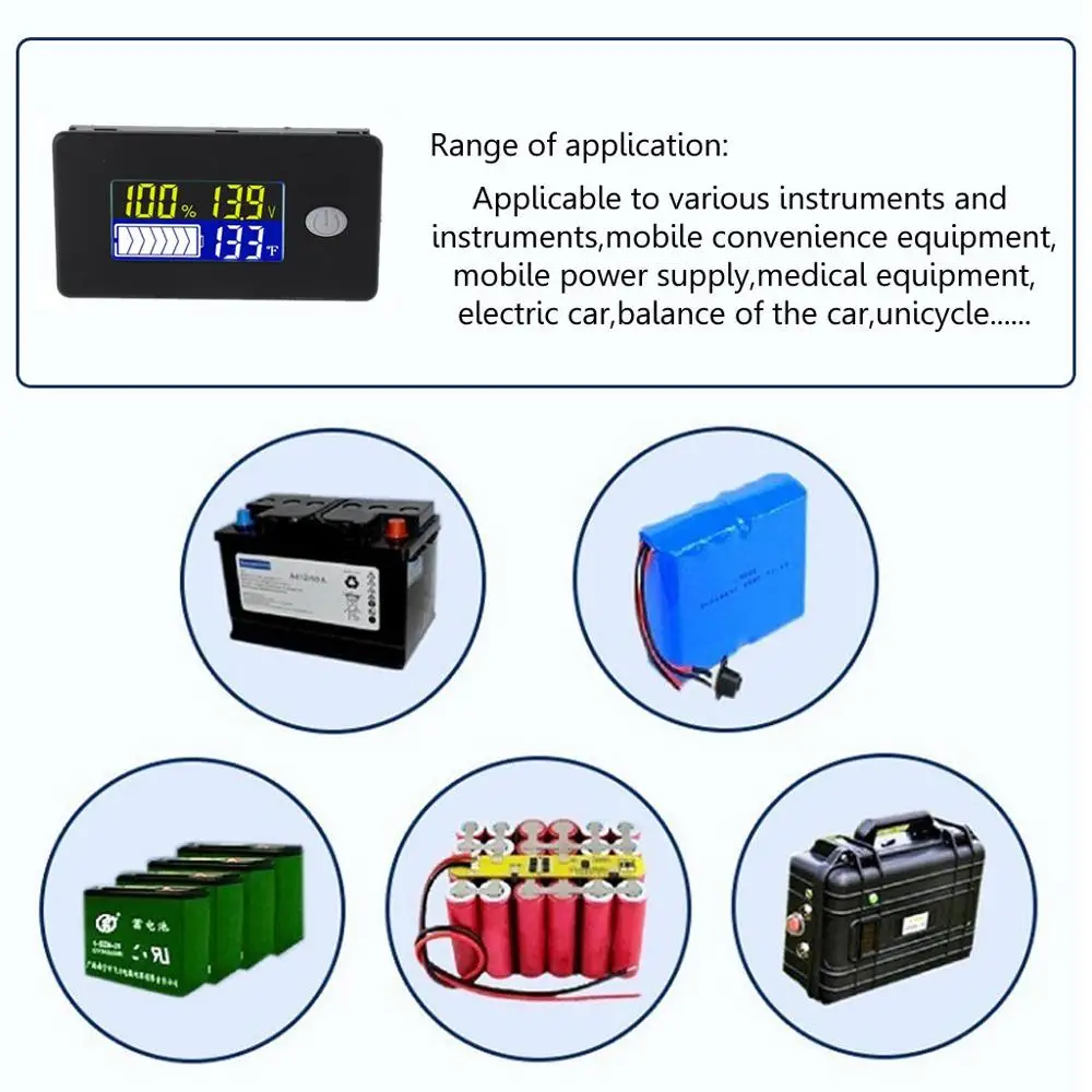 Univerisal Zmogljivost Baterije Indikator 12V 24V 36V 48V 60V 72V 10-100V Li-ion Lifepo4 svinčevih Baterij Monitor s temperaturo