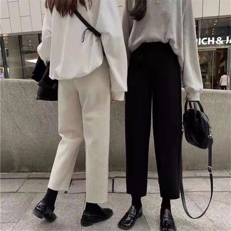 Tople volnene ravne noge hlače ženske jeseni in pozimi trdnih visoko pasu korejskem slogu svoboden študentov vseh tekmo ženske hlače