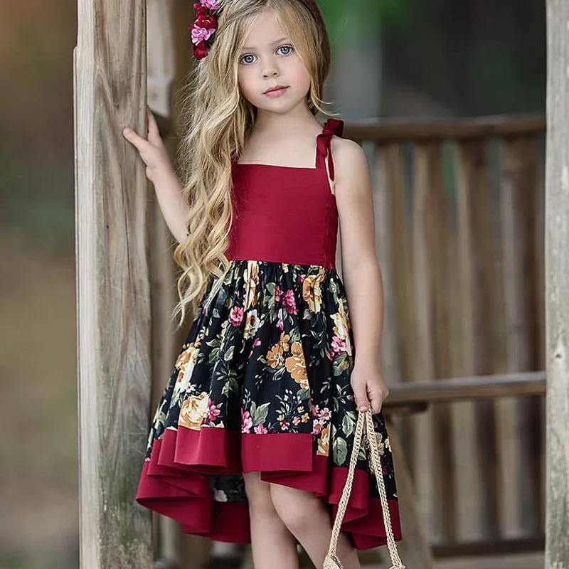 Priljubljenih Evropskih in Ameriških dekleta natisnjeni obleko otroka kratek sprednji in dolgo nazaj nezakonitih moda obleko suspender