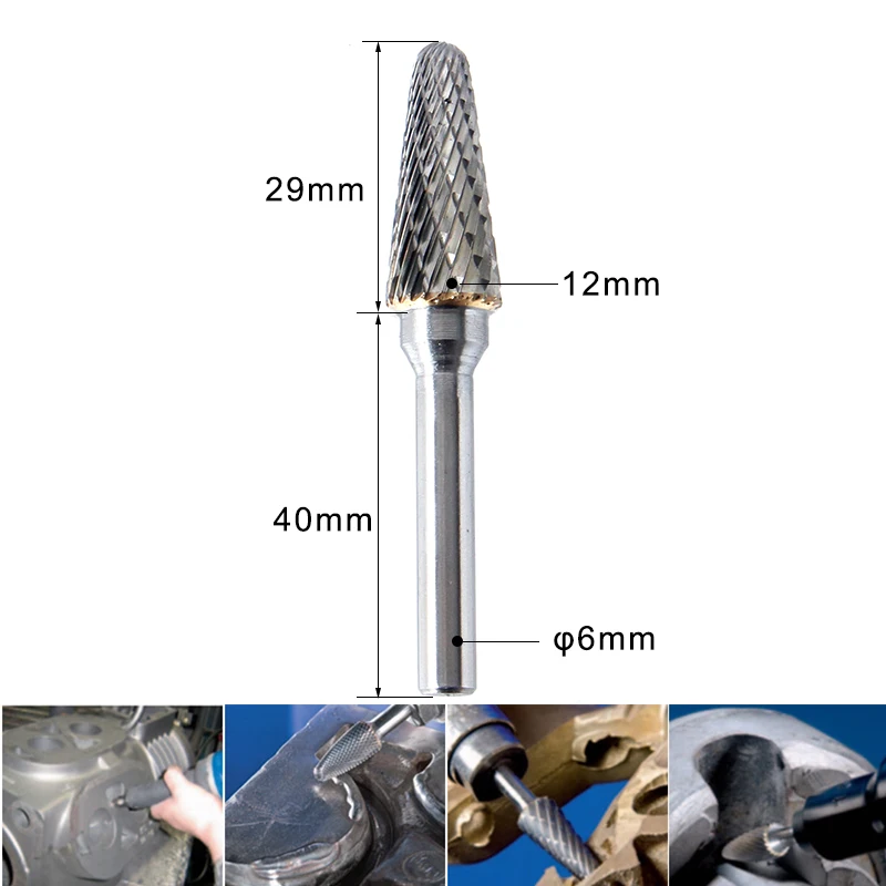 Volfram jekla karbida rotacijski burr datoteke LX1228M06 taper z okoli 12 mm 6 mm glavo kolenom brusni mlinček za mletje, brušenje orodja