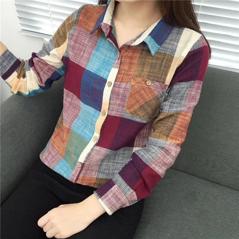 Womens Vrhovi in Bluze Kariran Majice z Dolgimi Rokavi v korejskem Slogu Pisane Blusas 2020 Ženske Majice Blusas Mujer De Moda 2018