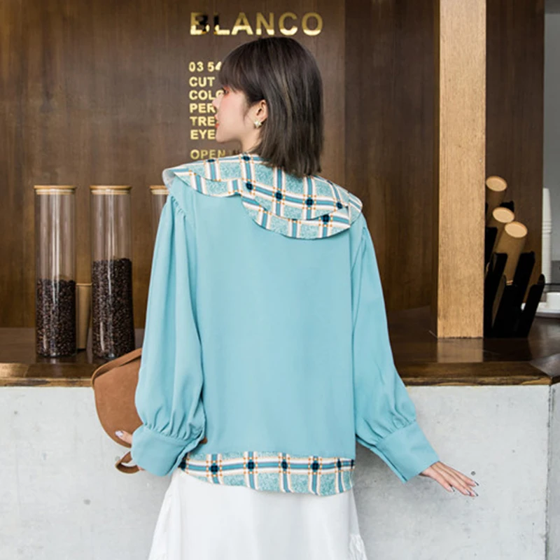 GALCAUR Mozaik Hit Barve Kariran Majica Za Ženske V Vratu Luč Rokav Asimetrični Bluzo Ženski 2020 Poletnih Modnih Oblačil