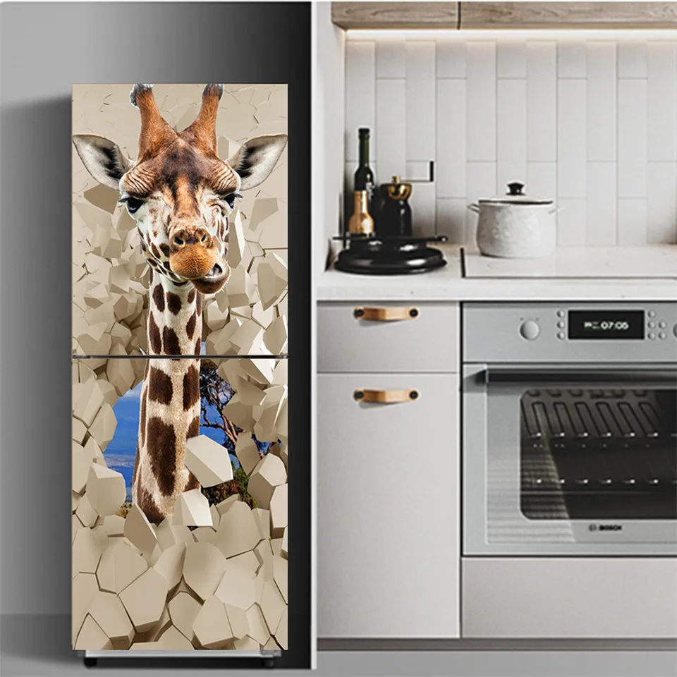 Stene Žirafa Ozadje 3D Vrata Hladilnika Kritje Nalepke, Samolepilne PVC Kuhinja Hladilnik Dekoracijo Plakat Nepremočljiva Zidana Decals