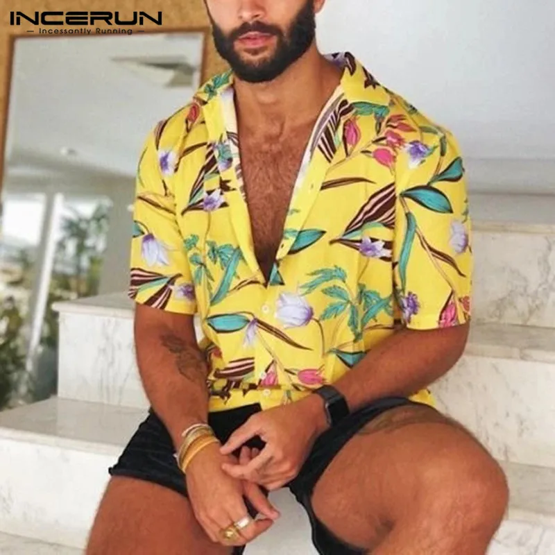 Poletje Moških Hawaiian Majica Cvet Tiskanja Plaži 2021 Počitnice Kratek Rokav River Priložnostne Bluzo Gumb Svoboden Camisas Hombre INCERUN