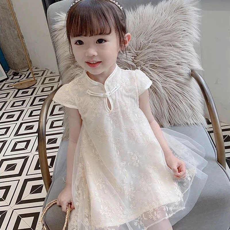 2021 Poletje Otroci Obleko Za Dekle Kitajski Slog Baby Dekleta Princesa Obleko Malčka Otroci Oblačila Disk Sponke Cheongsam Obleko