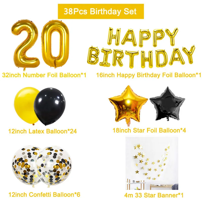 38pcs Številko 20 Zlata Črni Baloni 20. Happy Birthday Party Okraski za Odrasle 20 Let Star Človek, Ženska Dobave Obletnico