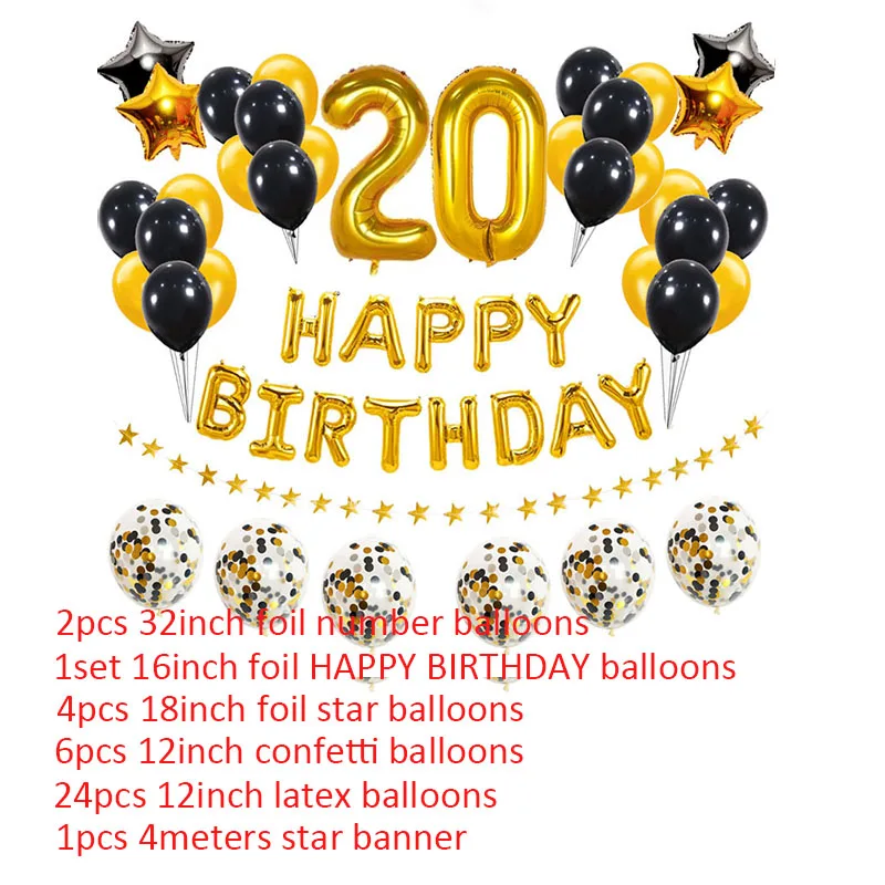 38pcs Številko 20 Zlata Črni Baloni 20. Happy Birthday Party Okraski za Odrasle 20 Let Star Človek, Ženska Dobave Obletnico
