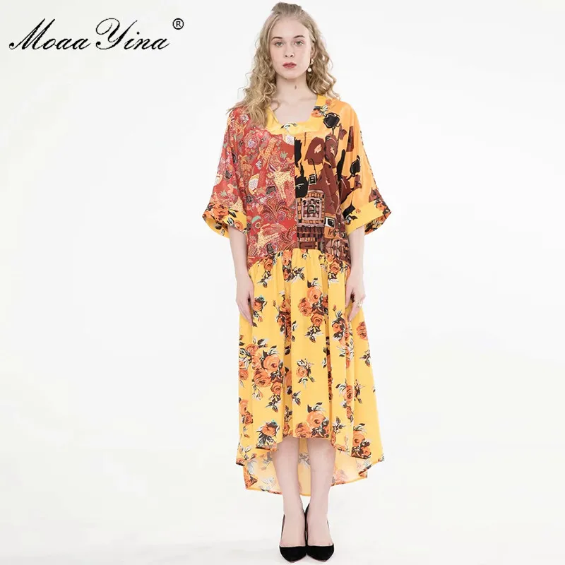 MoaaYina Modni Oblikovalec obleko Pomlad Jesen Ženske obleke Cvjetnim Natisni Ohlapne Obleke