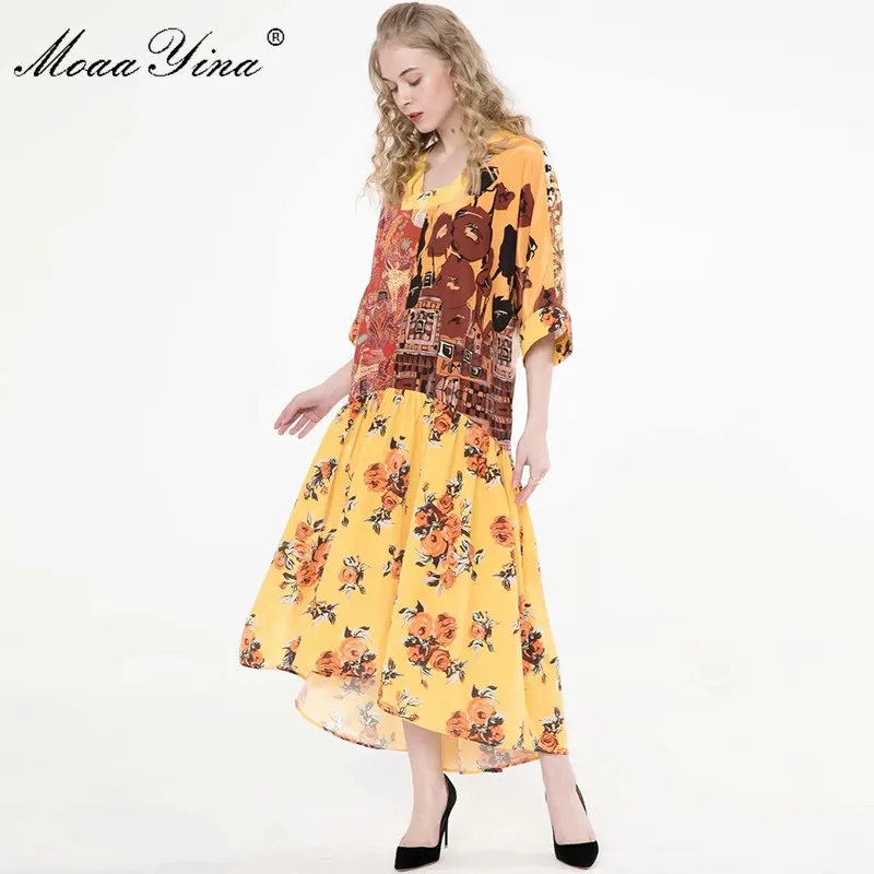 MoaaYina Modni Oblikovalec obleko Pomlad Jesen Ženske obleke Cvjetnim Natisni Ohlapne Obleke