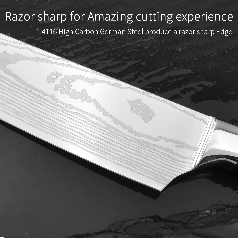 GHL Japonski 7CR17 iz Nerjavnega Jekla Kuhinjski Noži Nastavite Kuhar Nož Lasered Damask Santoku Pripomoček Cleaver Rezanje Kuhanje Orodje