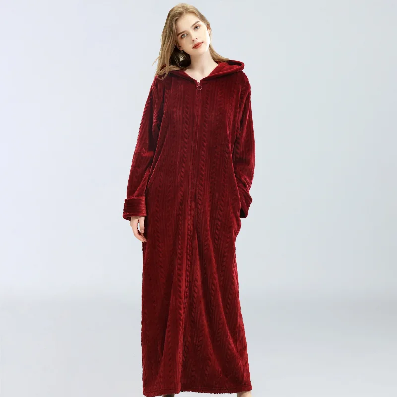 Flanela Hooded Dolgo Haljo Kimono Kopalne Obleke, Casual Sleepwear More Ženske Zimske Debele Coral Runo Nightgown Homewear Negliže