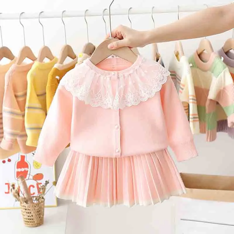 Moda Pletenje Kompleti za Dekleta Malčka Otroci Jopica + Krila 2pcs Obleke Otroci Priložnostne Obleko, Otrok Določa 2020 Otroci Oblačila